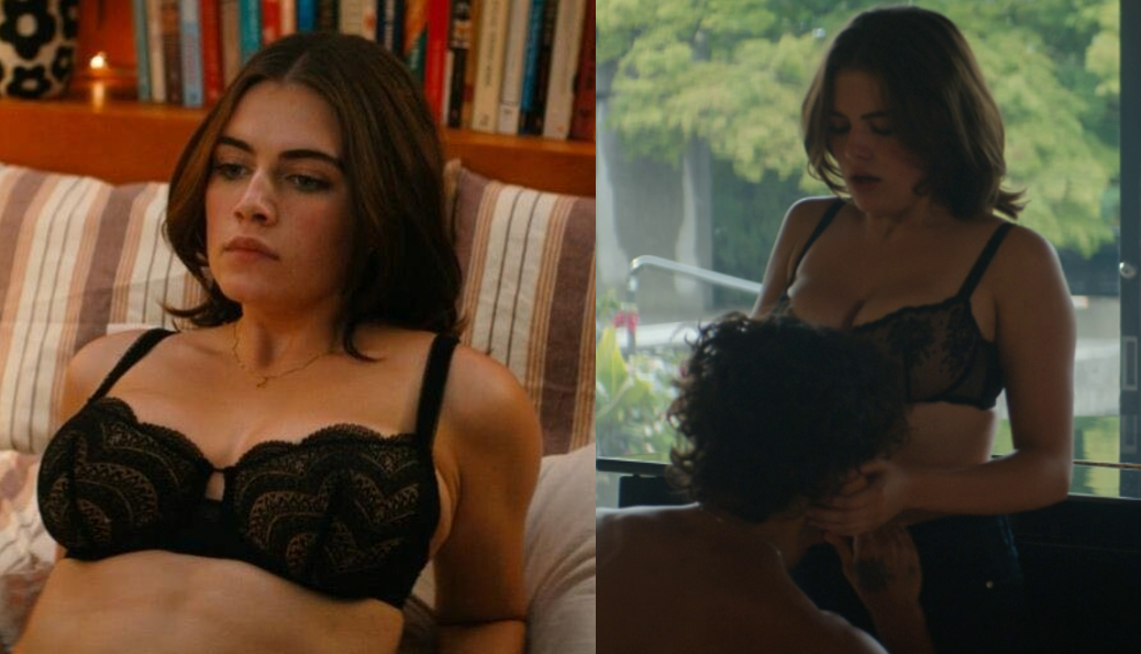 Hannah from Off Campus wearing Simone Perele black lace sheer demi bras